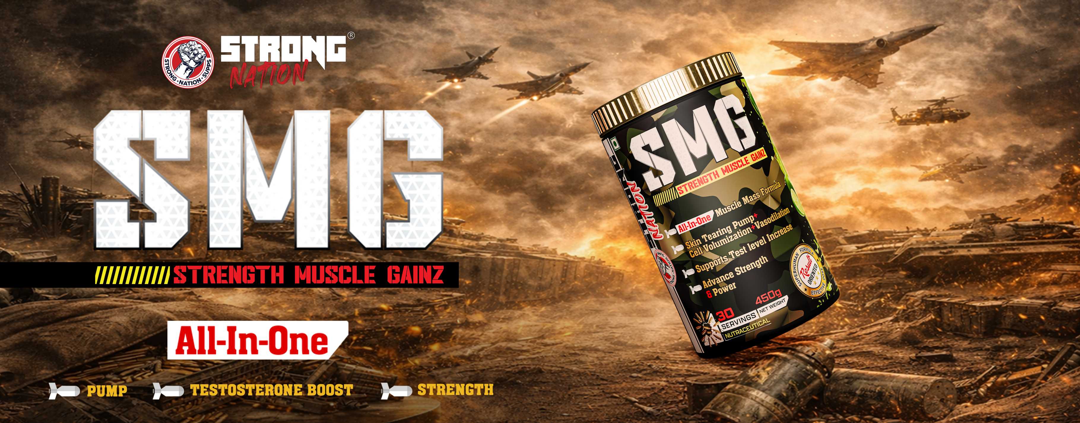 “Strong Nation SMG supplement – all-in-one muscle gain formula for strength, pump, and testosterone boost”