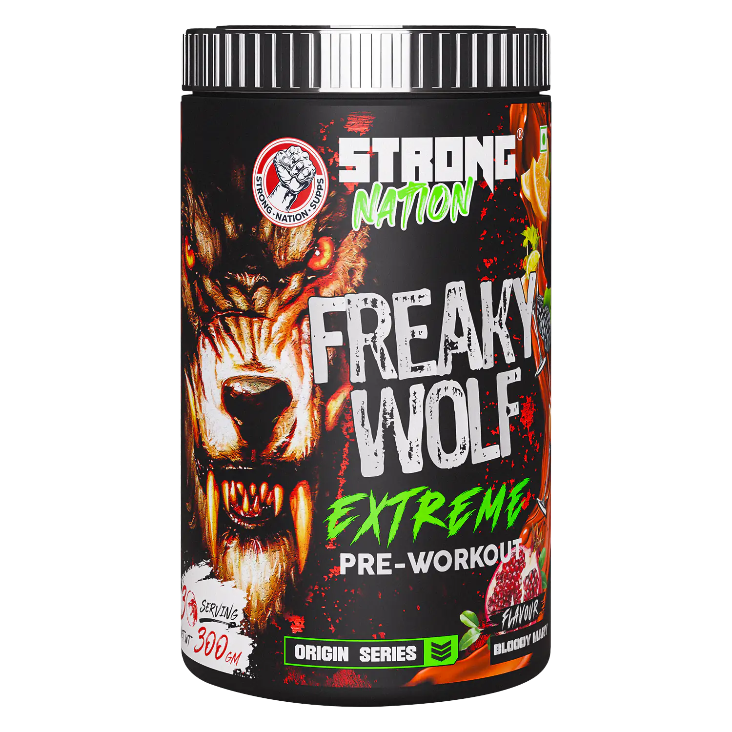 Strong Nation Freaky Wolf Extreme pre-workout supplement for intense energy, focus, strength and workout performance”