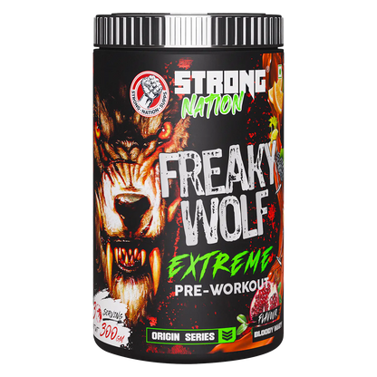Strong Nation Freaky Wolf Extreme pre-workout supplement for intense energy, focus, strength and workout performance”