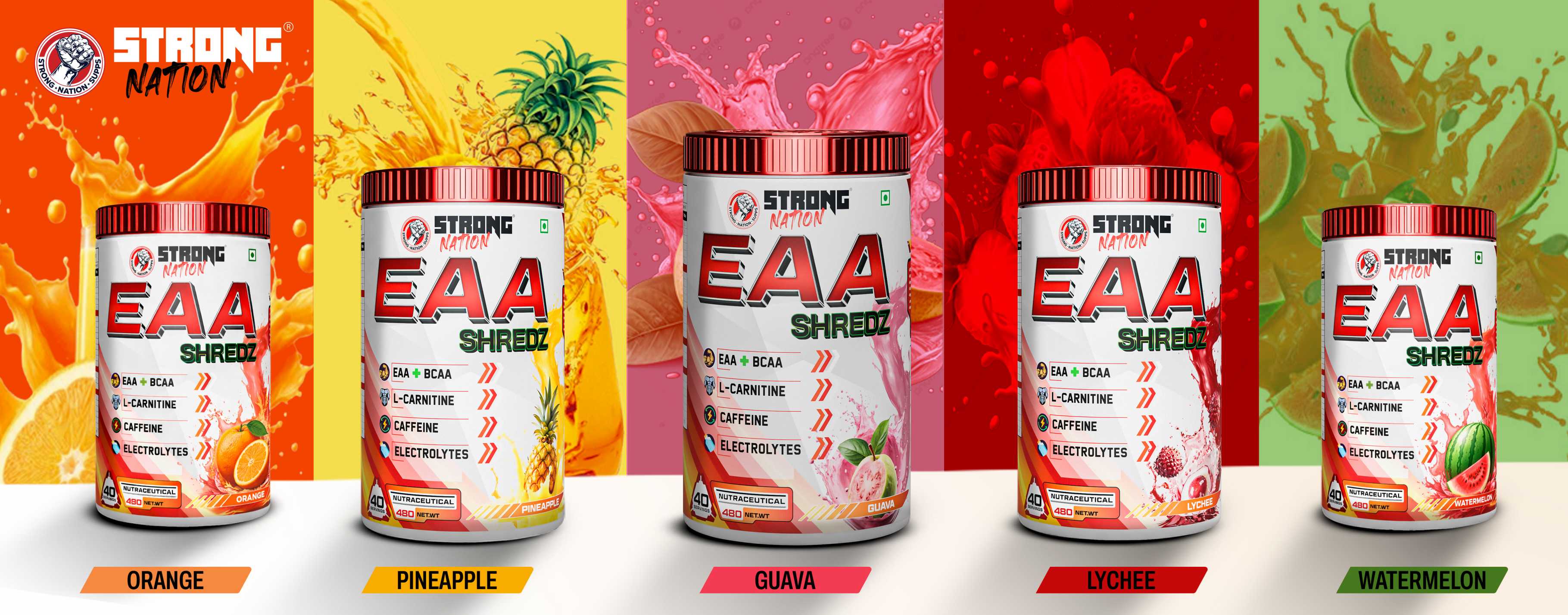 “Strong Nation EAA Shredz supplement in multiple flavours – orange, pineapple, guava, lychee and watermelon for muscle recovery, hydration and fat loss support”