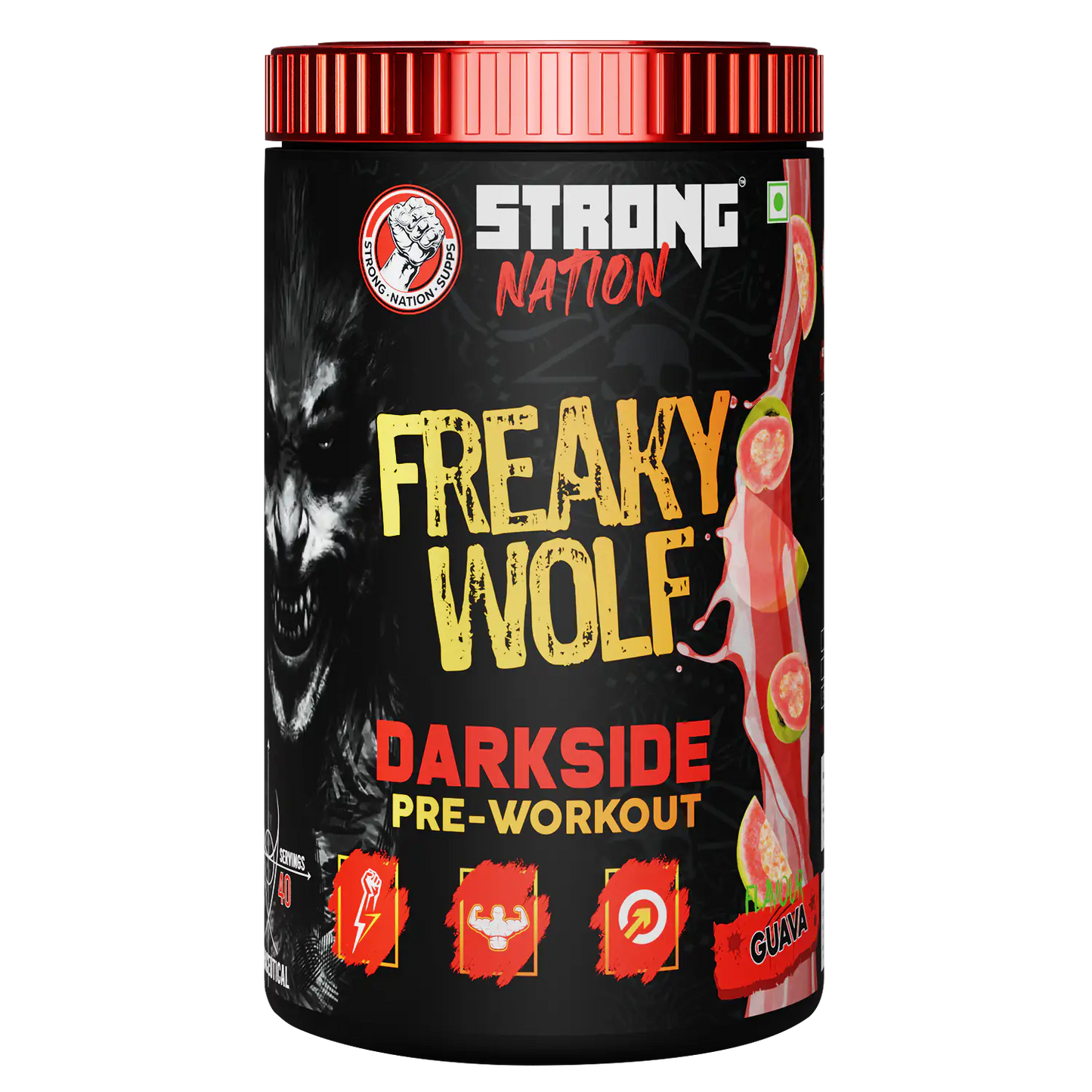 “strong nation freaky wolf darkside pre-workout supplement for energy, focus, strength and intense workout performance”