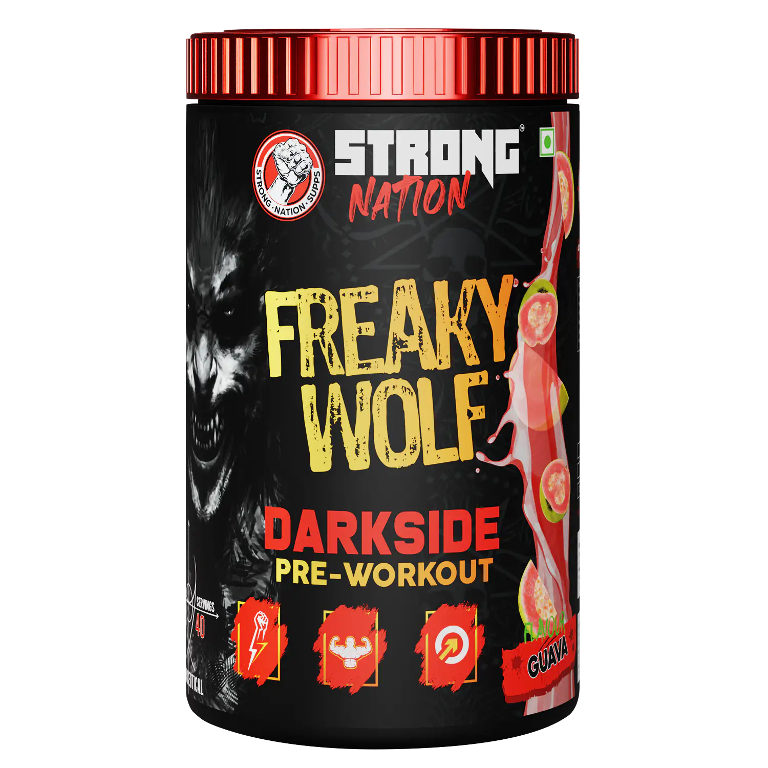 “Strong Nation Freaky Wolf Darkside pre-workout supplement for energy, focus, strength and intense workout performance”