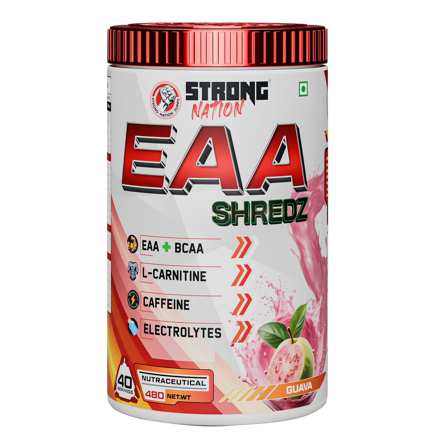 “strong nation eaa shredz guava flavour supplement with bcaa, l-carnitine, caffeine and electrolytes”
