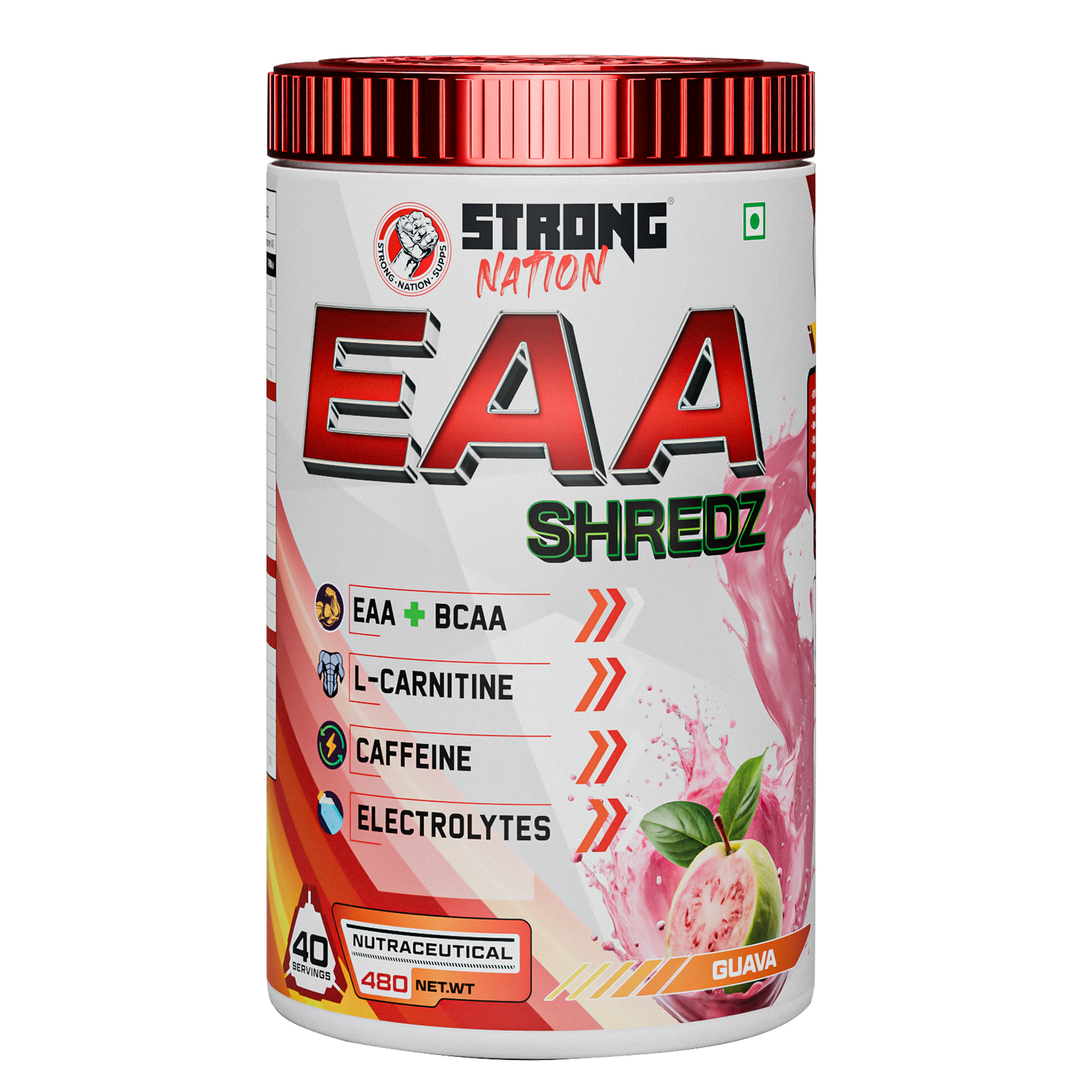“Strong Nation EAA Shredz guava flavour supplement with BCAA, L-carnitine, caffeine and electrolytes”