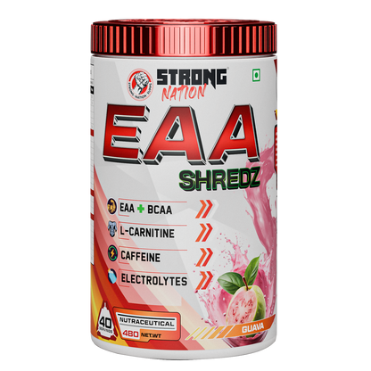 “Strong Nation EAA Shredz guava flavour supplement with BCAA, L-carnitine, caffeine and electrolytes”
