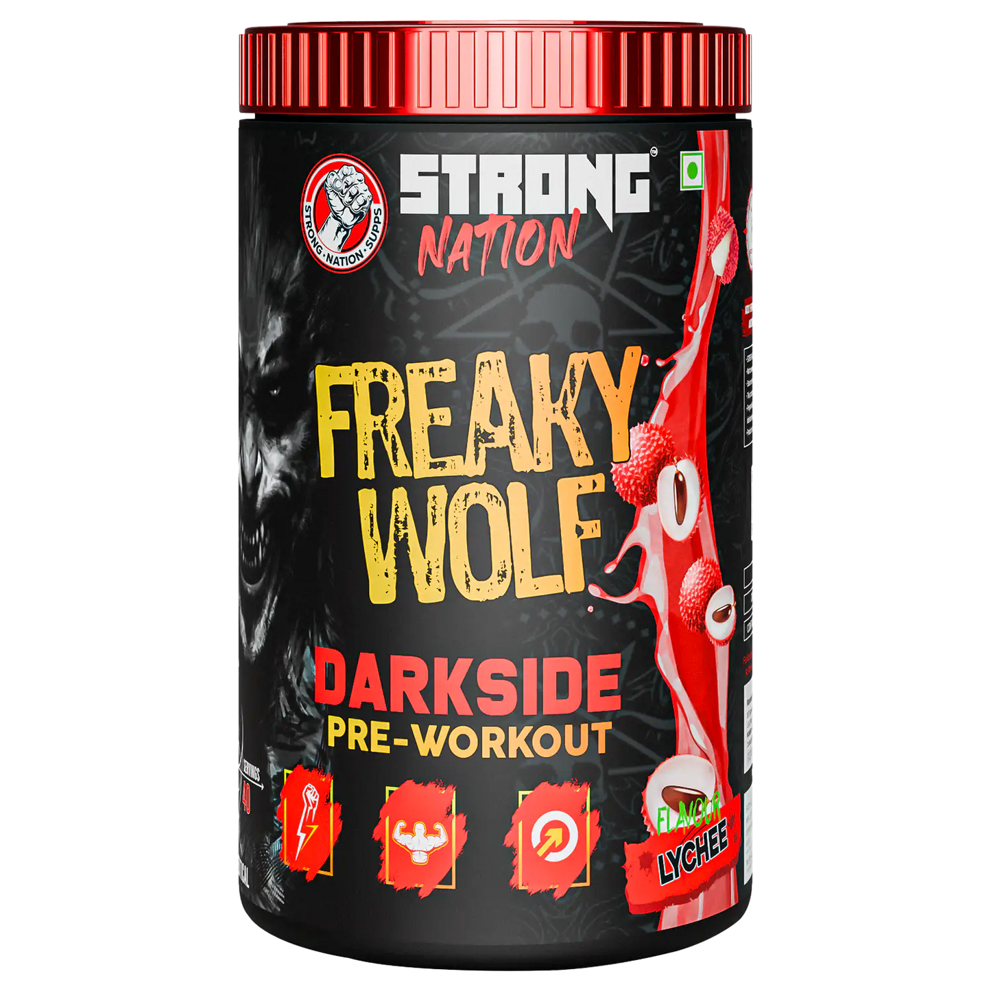 “strong nation freaky wolf darkside pre-workout supplement for energy, focus, strength and intense workout performance”