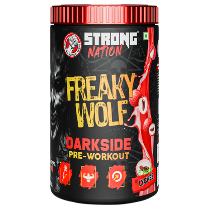“Strong Nation Freaky Wolf Darkside pre-workout supplement for energy, focus, strength and intense workout performance”