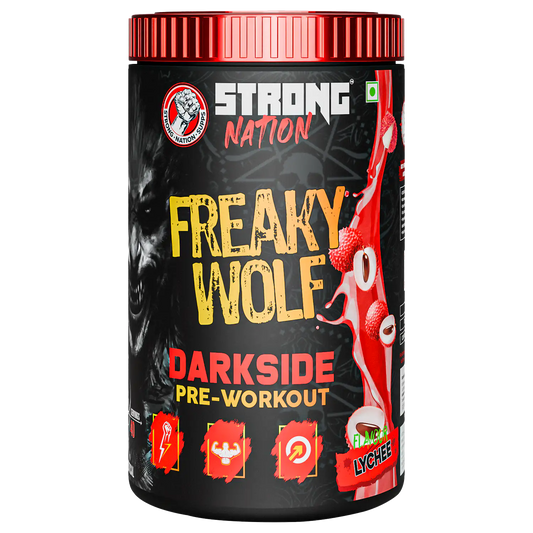 “Strong Nation Freaky Wolf Darkside pre-workout supplement for energy, focus, strength and intense workout performance”