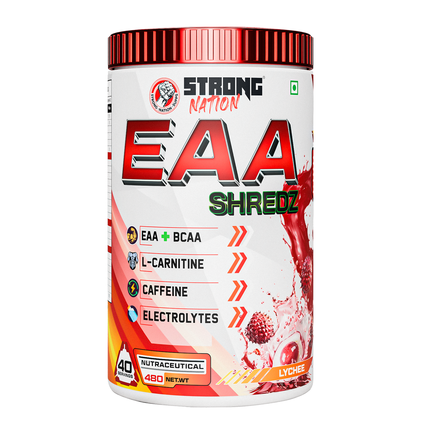 “strong nation eaa shredz essential amino acids supplement with bcaa, l-carnitine, caffeine and electrolytes for recovery and hydration”