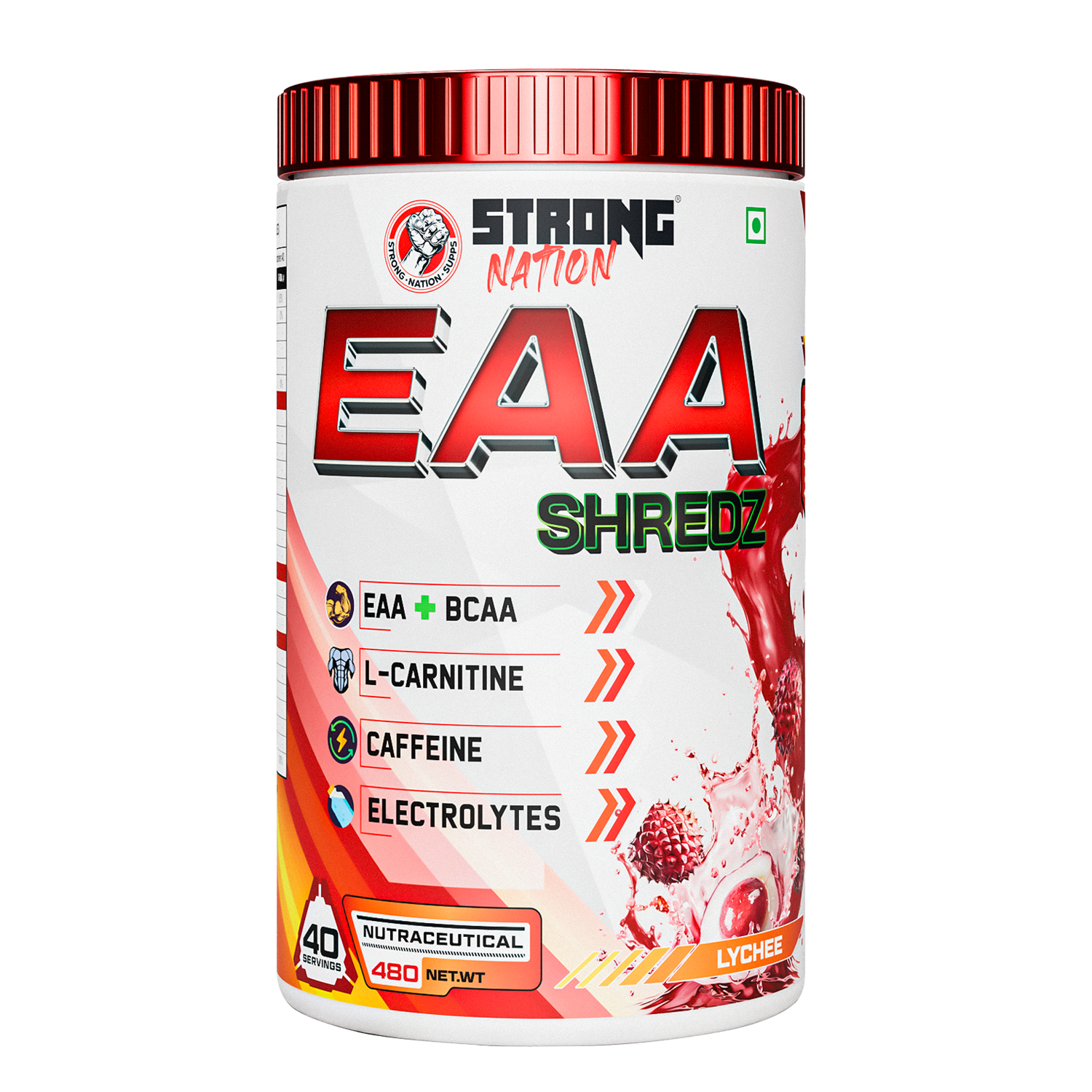 “Strong Nation EAA Shredz essential amino acids supplement with BCAA, L-carnitine, caffeine and electrolytes for recovery and hydration”