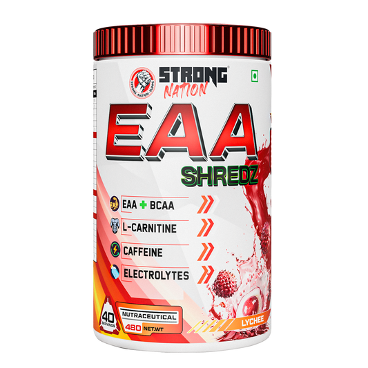 “Strong Nation EAA Shredz essential amino acids supplement with BCAA, L-carnitine, caffeine and electrolytes for recovery and hydration”