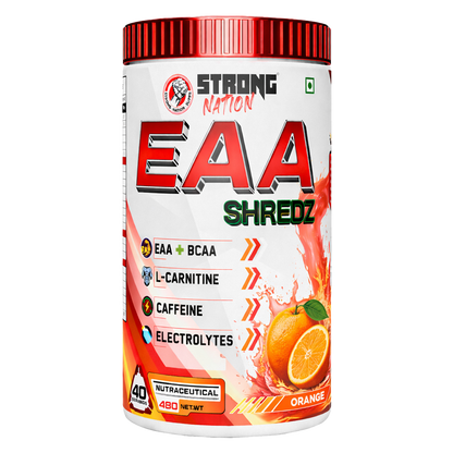 “Strong Nation EAA Shredz essential amino acids supplement with BCAA, L-carnitine, caffeine and electrolytes for recovery and hydration”