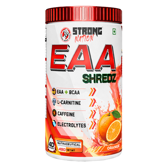 “Strong Nation EAA Shredz essential amino acids supplement with BCAA, L-carnitine, caffeine and electrolytes for recovery and hydration”