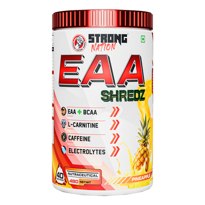 “Strong Nation EAA Shredz essential amino acids supplement with BCAA, L-carnitine, caffeine and electrolytes for recovery and hydration”