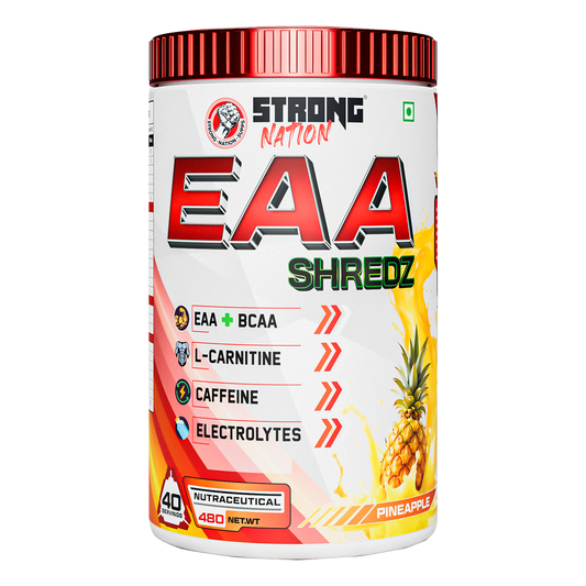 “Strong Nation EAA Shredz essential amino acids supplement with BCAA, L-carnitine, caffeine and electrolytes for recovery and hydration”