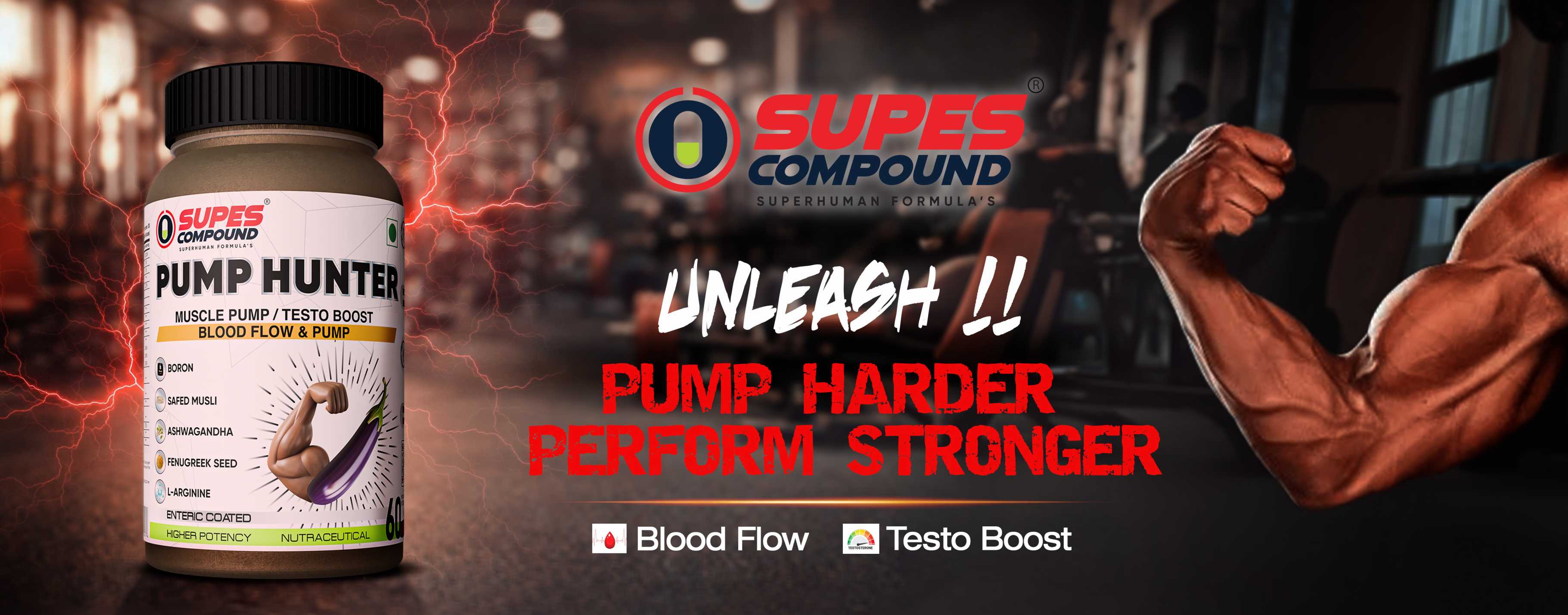 “Supes Compound Pump Hunter pre-workout supplement for muscle pump, blood flow and strength performance”
