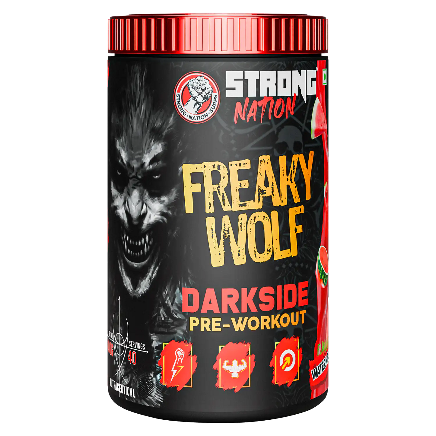 “strong nation freaky wolf darkside pre-workout supplement for energy, focus, strength and intense workout performance”