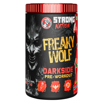 “Strong Nation Freaky Wolf Darkside pre-workout supplement for energy, focus, strength and intense workout performance”