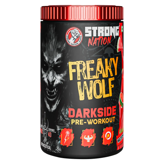 “Strong Nation Freaky Wolf Darkside pre-workout supplement for energy, focus, strength and intense workout performance”