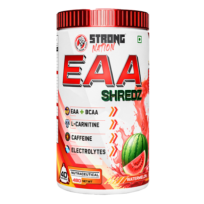 “Strong Nation EAA Shredz essential amino acids supplement with BCAA, L-carnitine, caffeine and electrolytes for recovery and hydration”