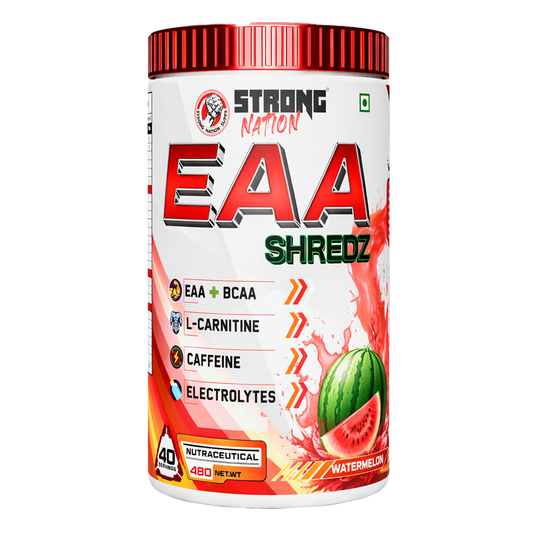 “Strong Nation EAA Shredz essential amino acids supplement with BCAA, L-carnitine, caffeine and electrolytes for recovery and hydration”