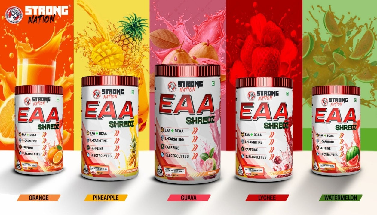“Strong Nation EAA Shredz supplement in multiple flavours – orange, pineapple, guava, lychee and watermelon for muscle recovery, hydration and fat loss support”
