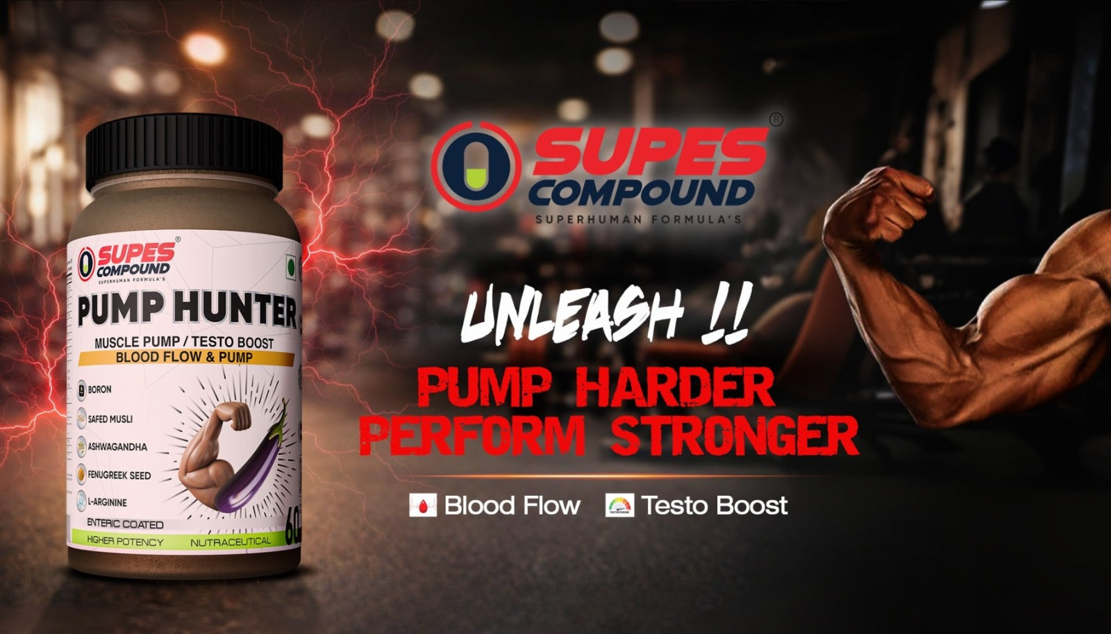“Supes Compound Pump Hunter pre-workout supplement for muscle pump, blood flow and strength performance”